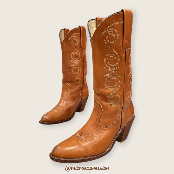 1980 RARE VINTAGE Frye Leather Pull On Brown Tan Embroidered Cowboy Western Boot - Picture 11 of 12